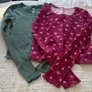 SO Long Sleeve Tees - Floral Pink and Solid Green